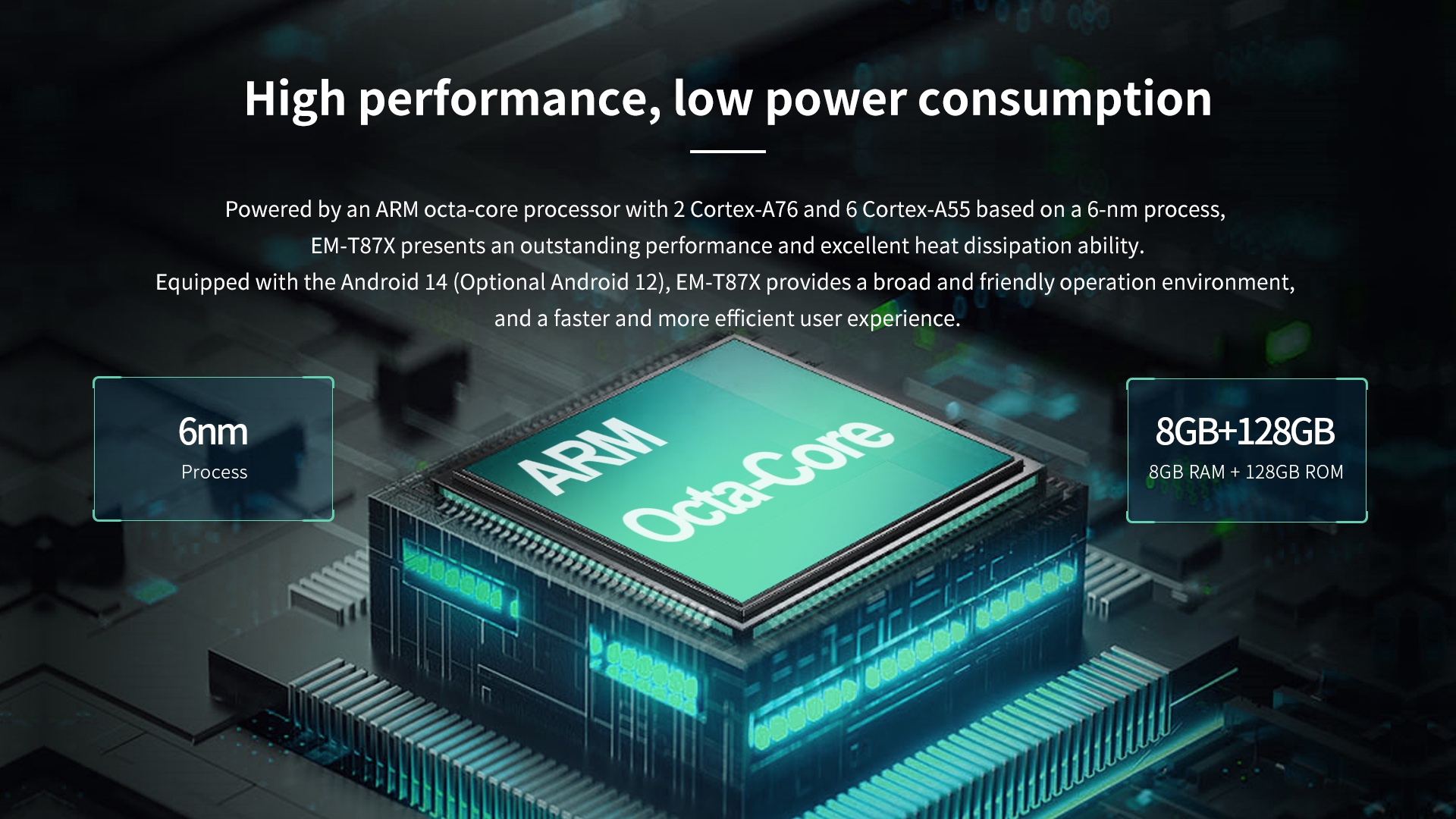 Powered by an ARM octa-core processor with 2 Cortex-A76 and 6 Cortex-A55 based on a 6-nm processEM-T87X presents an outstanding performance and excellent heat dissipation ability.