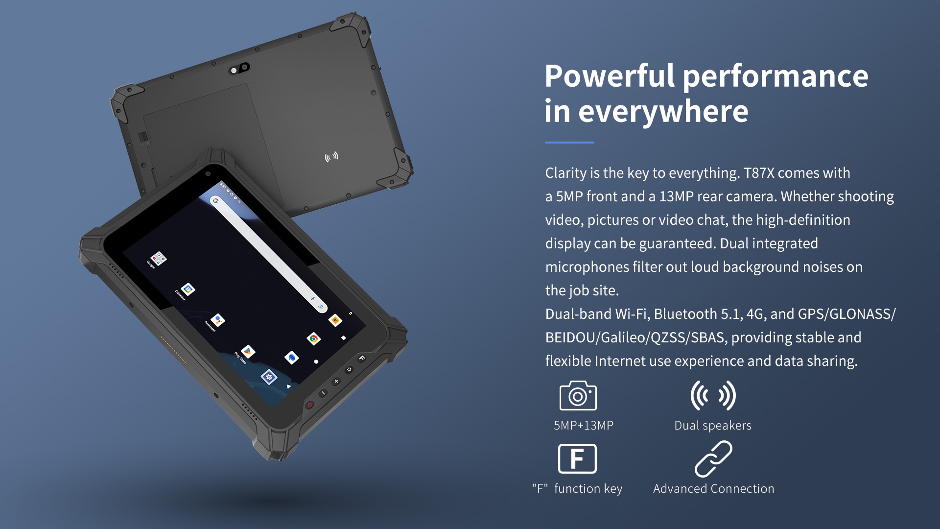 "T87X with 5MP front and 13MP rear cameras, HD display, dual mics for noise filtering, and connectivity via dual-band Wi-Fi, Bluetooth 5.1, 4G, and GPS/GLONASS/BEIDOU/Galileo/QzSS/SBAS."