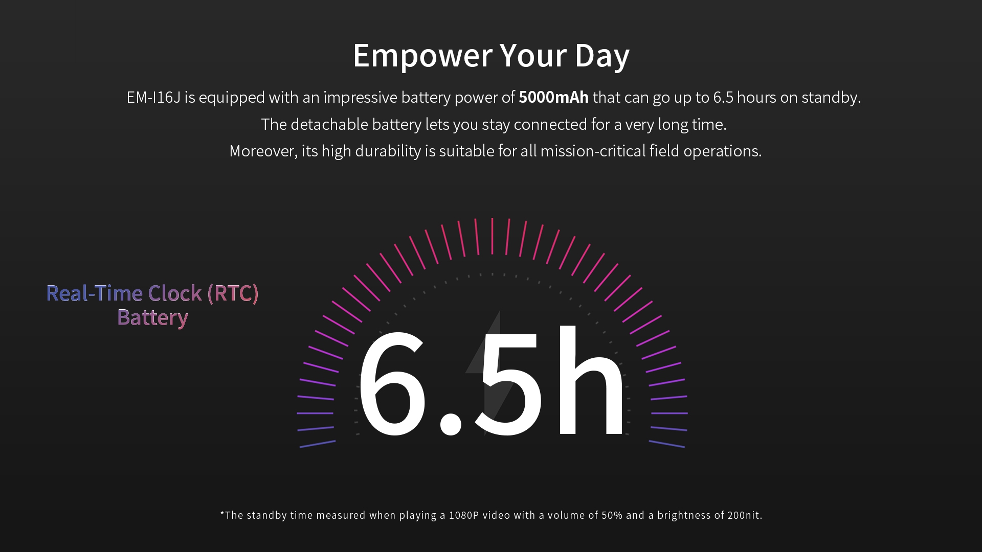EM-116J is equipped with an impressive battery power of 5000mAh that can go up to 6.5 hours on standby.