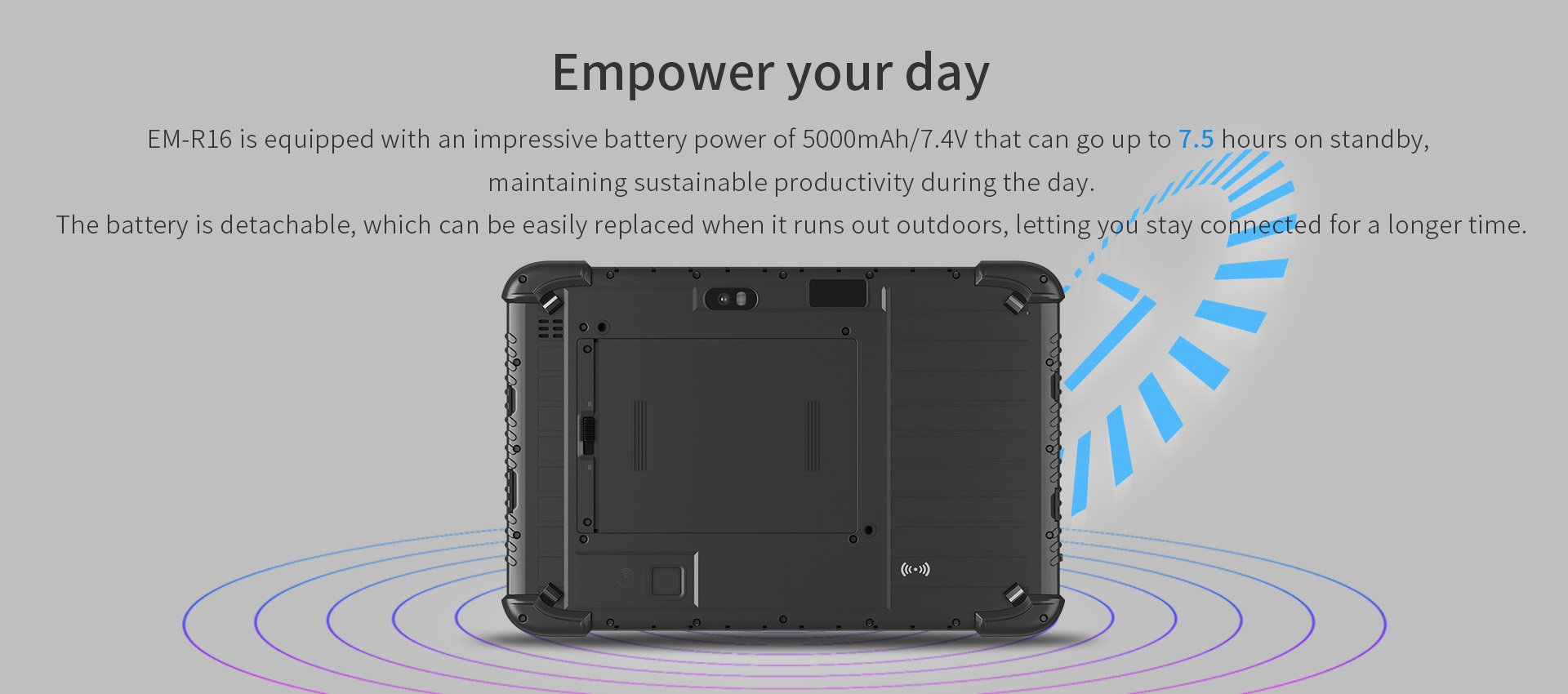 EM-R16 with a 5000mAh/7.4V detachable battery, offering up to 7.5 hours of standby time for sustained productivity and easy replacement in industrial settings.