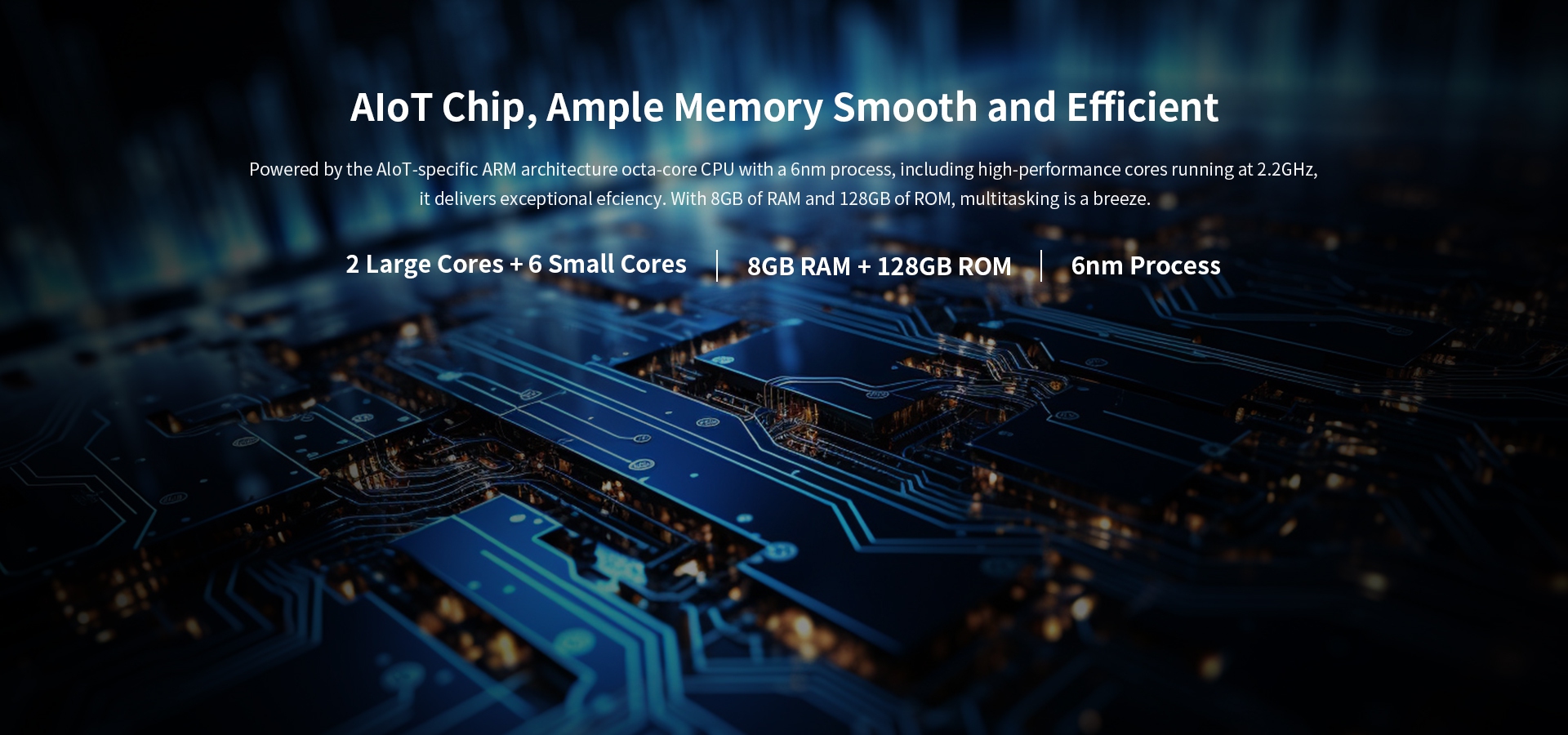 Powered by the AloT-specifc ARM architecture octa-core cPU with a 6nm process,including cores running at 2.2GHz. With 8GB of RAM and 128GB of ROM.