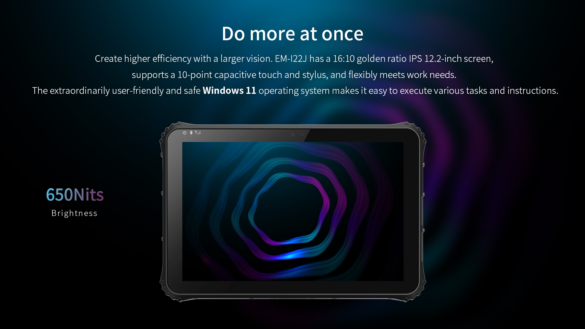 EM-l22J 12.2" 16:10 IPS screen with 10-point touch and stylus, running secure Windows 11 OS.