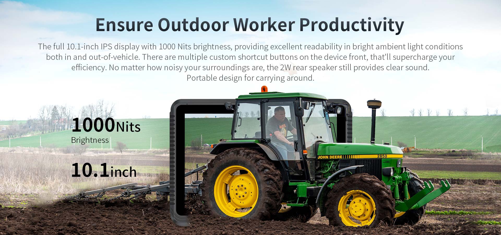 "V10T tablet with 10.1-inch 1000-nit IPS display, shortcut buttons, 2W speaker, and portable design for outdoor productivity"