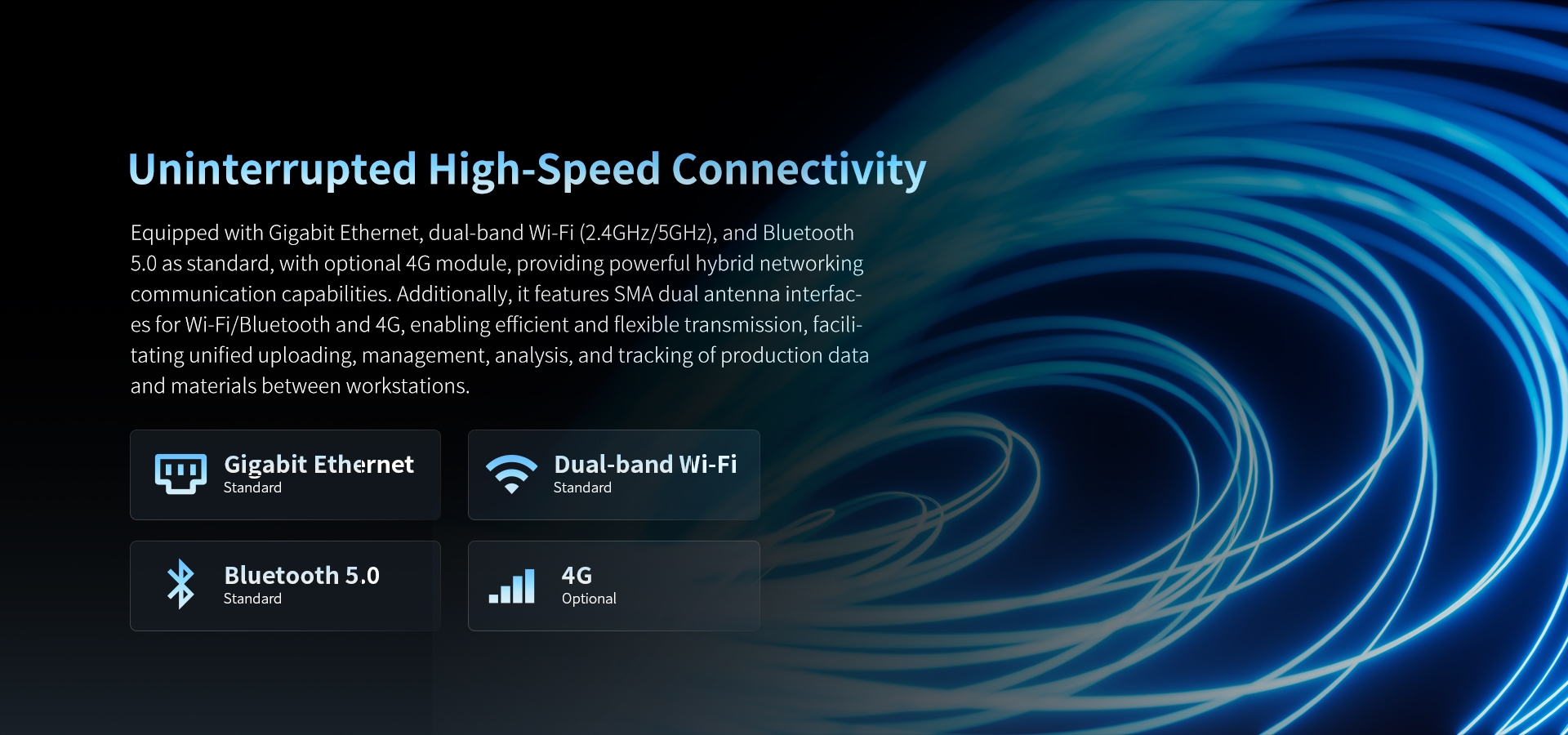Equipped with Gigabit Ethernet, dual-band Wi-Fi (2.4GHz/5GHz), and Bluetooth5.0 as standard, with optional 4G module, providing powerful hybrid networkingcommunication capabilities.