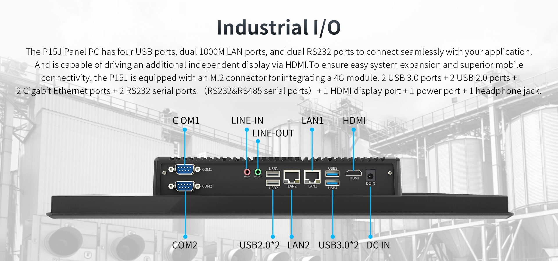 The P15J Panel Pc has four USB ports, dual 1000M LAN ports, and dual Rs232 ports to connect seamlessly with your application.
