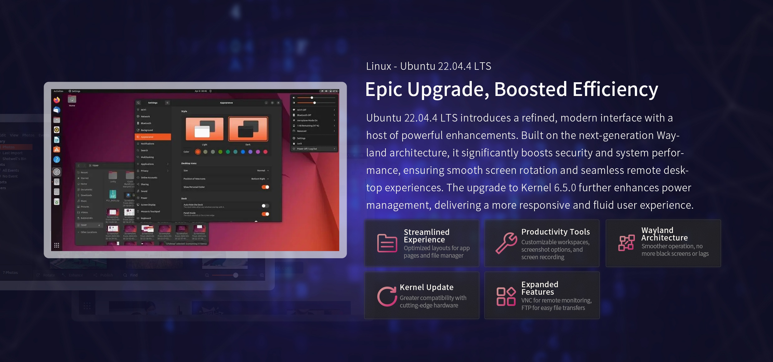 Ubuntu 22.04.4 LTS with Wayland architecture, Kernel 6.5.0, enhanced security, power management, and smooth interface.