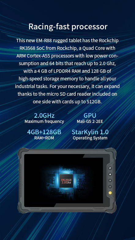 EM-R88 rugged tablet with Rockchip RK3568 Quad Core Cortex-A55 (2.0GHz), 4GB LPDDR4 RAM, 128GB storage, and micro SD up to 512GB for industrial tasks.