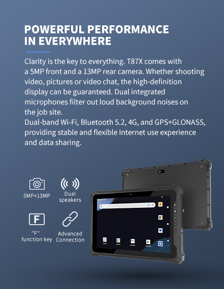 "T87X with 5MP front and 13MP rear cameras, HD display, dual mics for noise filtering, and connectivity via dual-band Wi-Fi, Bluetooth 5.1, 4G, and GPS/GLONASS/BEIDOU/Galileo/QzSS/SBAS."