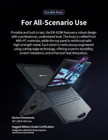 EM-X15M rugged laptop mobile view with reinforced body design for outdoor operations, inspection and field reliability