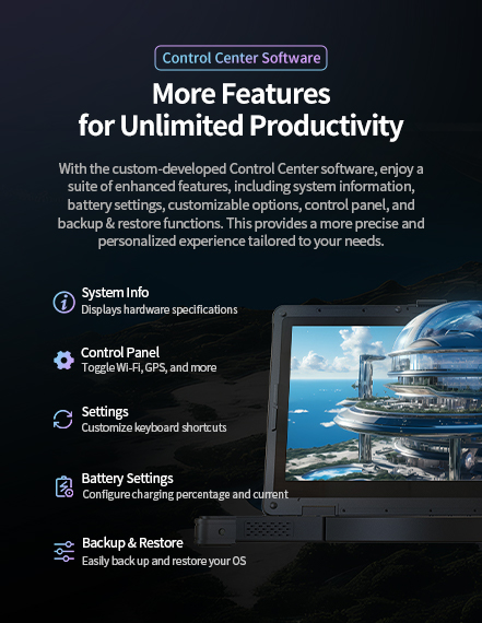 EM-X15M rugged AI laptop Control Center software mobile view for device management, field operations and industrial workflows