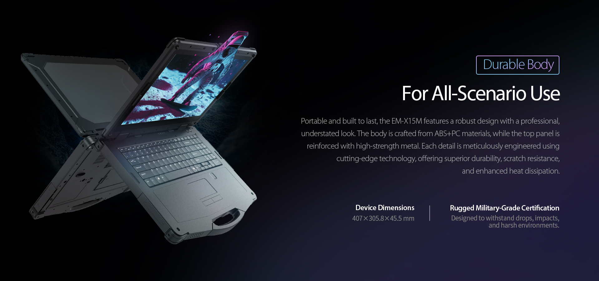 EM-X15M rugged laptop with durable ABS and PC body, reinforced metal top panel and rugged structure for field service and industrial workflows
