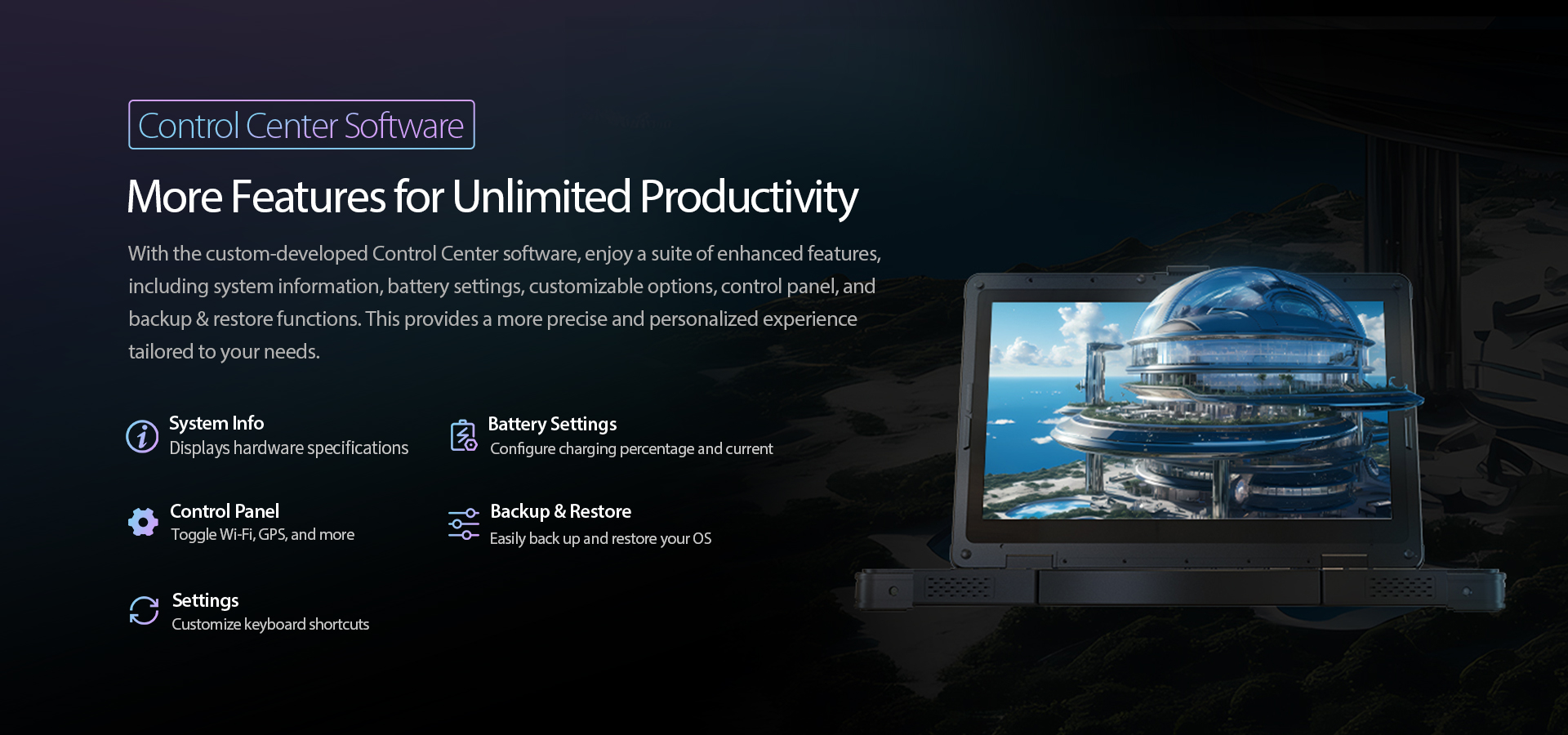 EM-X15M rugged AI laptop Control Center software interface for system information, battery management, quick controls, backup restore and custom settings