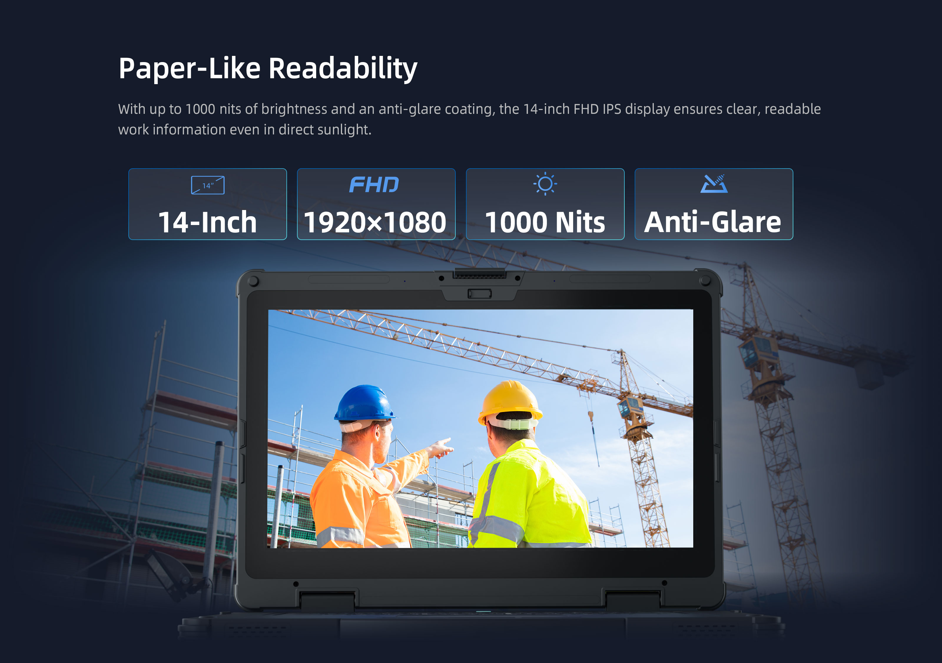 EM-A14 rugged AI PC with 14-inch FHD anti-glare display for outdoor field work