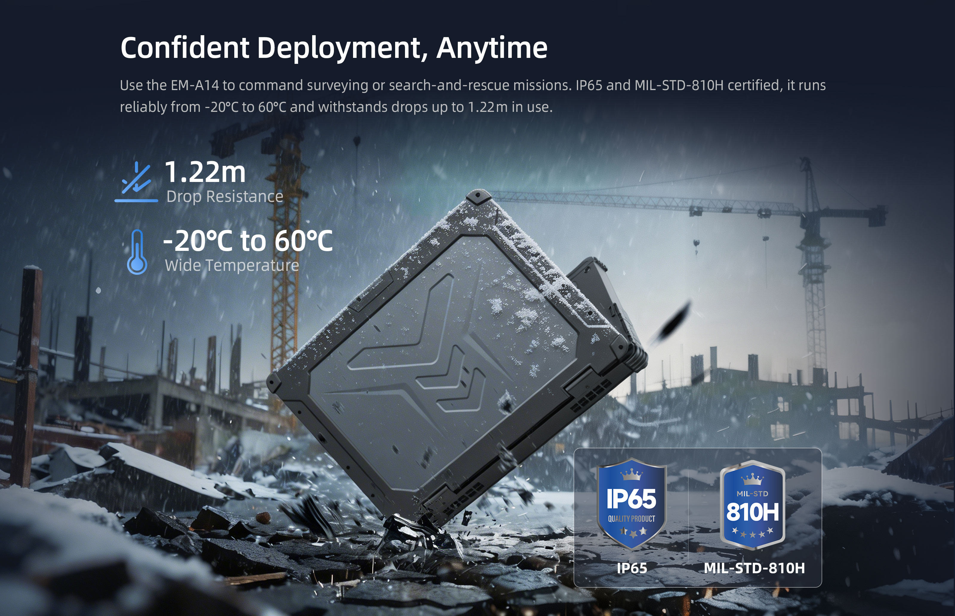 EM-A14 rugged AI laptop with IP65 protection, MIL-STD-810H testing and 1.22m drop resistance