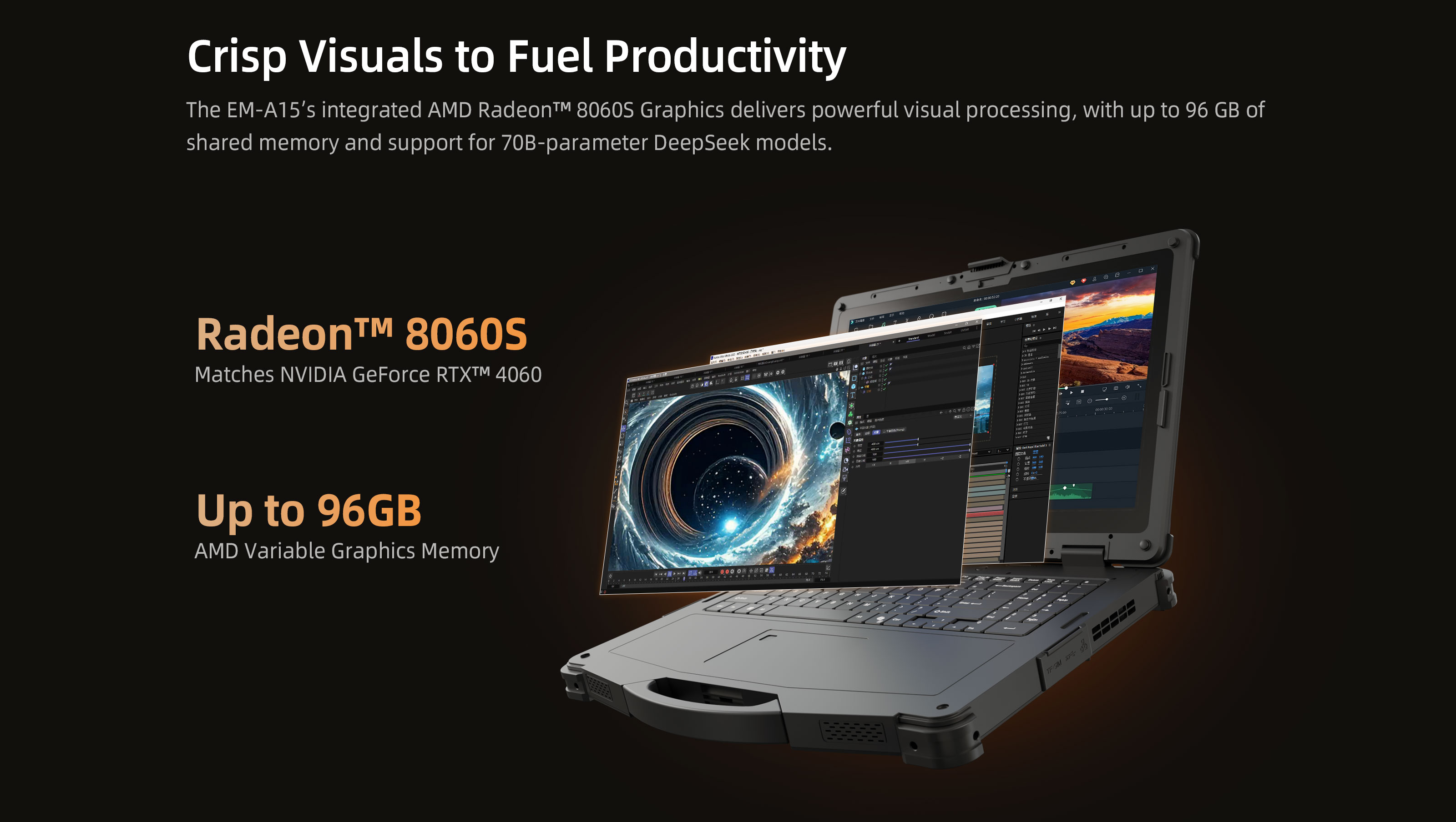 EM-A15 rugged AI laptop with AMD Radeon 8060S graphics for local AI inference and industrial visualization
