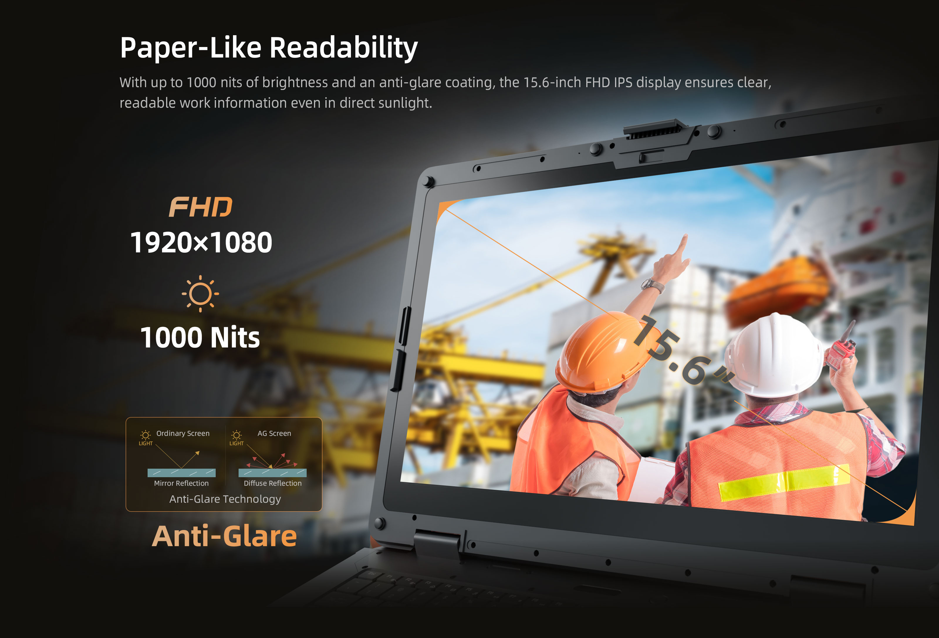 EM-A15 15.6-inch FHD IPS rugged AI laptop display for outdoor field work and industrial inspection