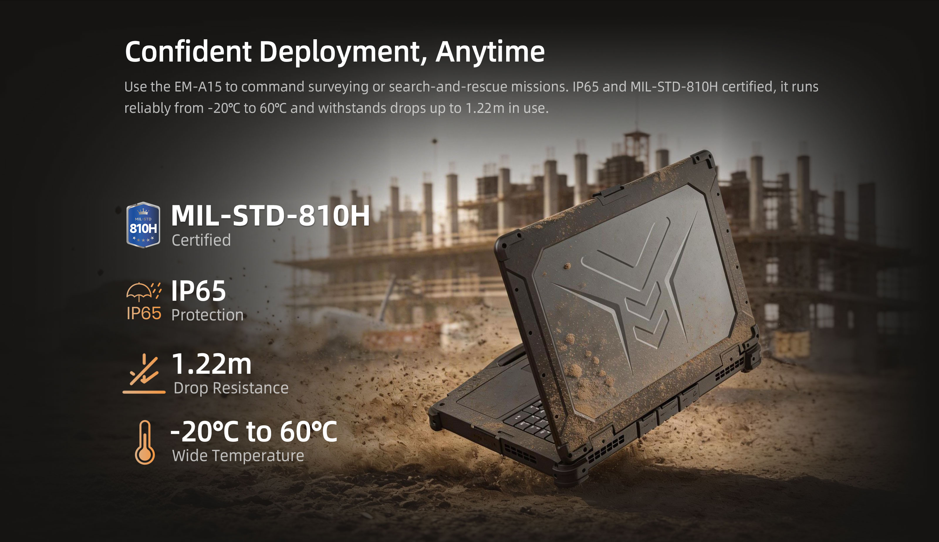 EM-A15 rugged AI laptop with IP65 protection, MIL-STD-810H certification and 1.22m drop resistance